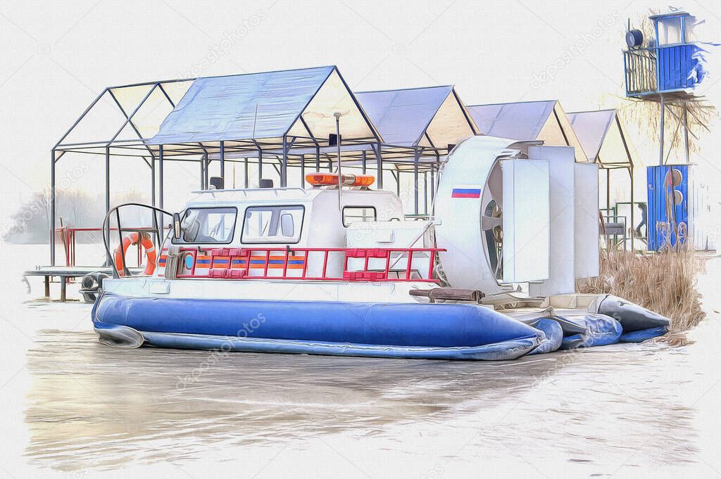 Oil paint on canvas. Picture with photo, imitation of painting. Illustration. Ship on the air pillow of (Hovercraft) Ministry of Emergency Situations on the stand of the lifeboat station