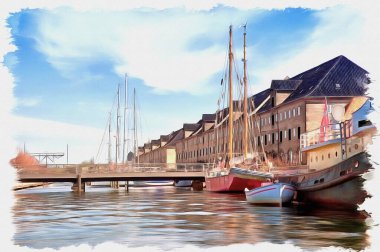 Tuval üzerine yağlı boya. Fotoğraflı resim, resmin taklidi. İllüzyon. Kopenhag 'daki kanallar boyunca resimli evler ve yatlar