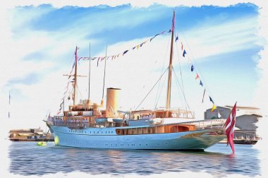 Tuval üzerine yağlı boya. Fotoğraflı resim, resmin taklidi. İllüzyon. Royal Yacht Dannebrog 1932 'de inşa edildi. Bugün kraliyet ailesinin resmi ve özel konutu olarak hizmet vermektedir.