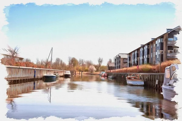 Oljemaling Lerret Bilde Med Foto Etterligning Maleri Illustrasjon Picturesque Houses – stockfoto