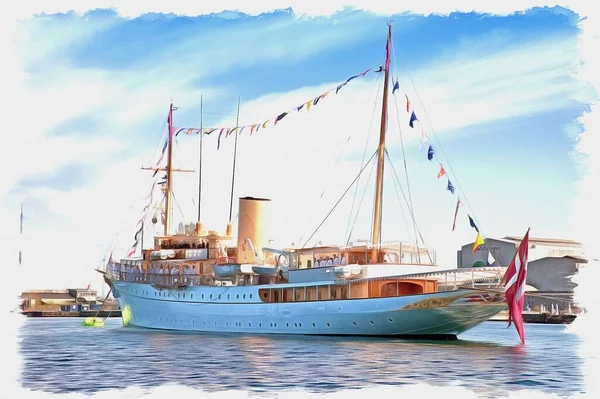 Λάδι Καμβά Φωτογραφία Φωτογραφία Απομίμηση Ζωγραφικής Εικονογράφηση Royal Yacht Dannebrog Royalty Free Φωτογραφίες Αρχείου