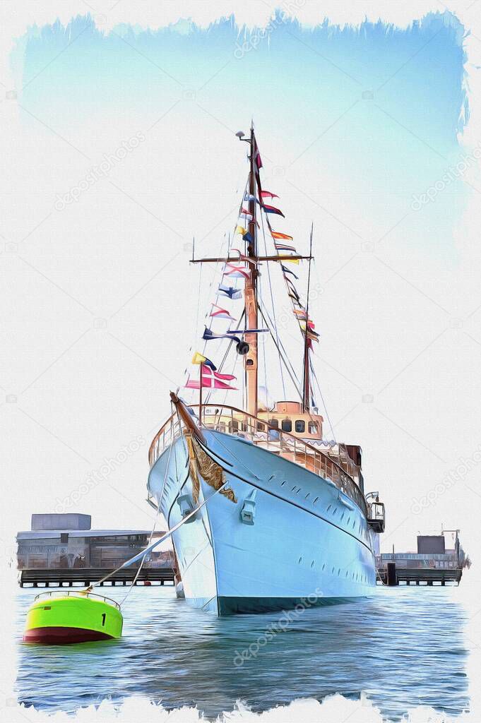 Oil paint on canvas. Picture with photo, imitation of painting. Illustration. Royal Yacht Dannebrog was built in 1932. Today it serves as the official and private residence of the royal family