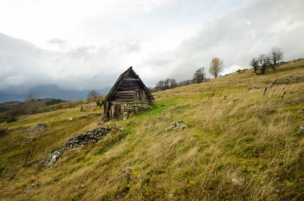 具有牧草景观的真正木制牧羊人农舍 — 图库照片