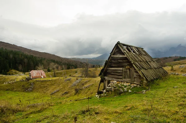 Authentique Chalet Bergers Bois Avec Paysage Pastoral Images De Stock Libres De Droits