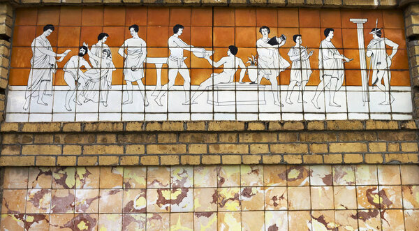 Majolica panel depicting bathing scenes