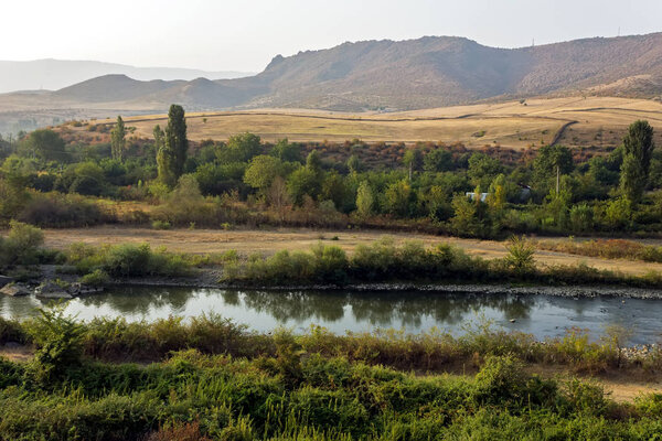 River Hrazdan and mountain village in Armenia