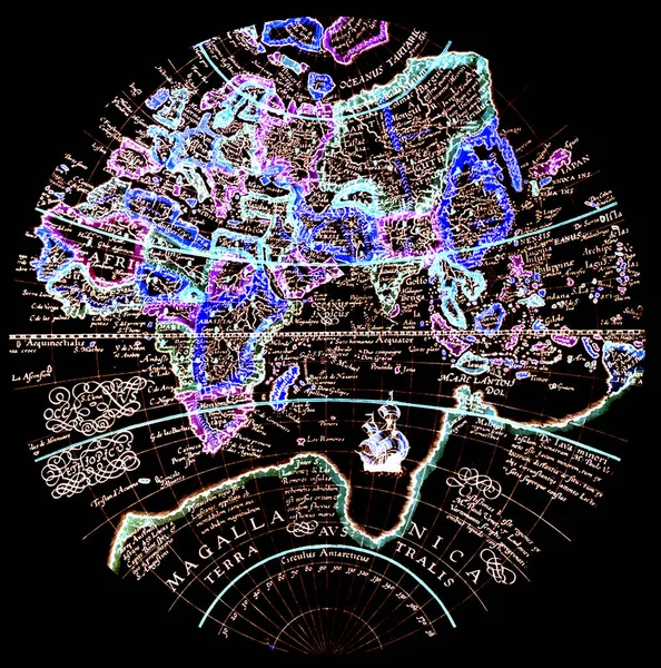 Vintage color map,right hemisphere - Europe, Asia, Africa on black background.