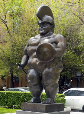 YEREVAN,ARMENIA- APRIL 19,2019:Sculpture of a Roman warrior in Tamanyan Square, located in the center of the Armenian capital city of Yerevan,Armenia.(Sculptor Fernando Botero).