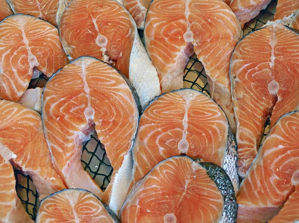 Salmon steak on the counter fish markets. Food background.  Ista Stock Picture