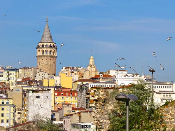 Wieża Galata pośród nowoczesnych i starych budynków — Zdjęcie stockowe