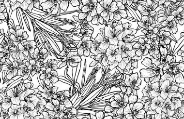 Zakkum çiçekleri ve tasarım elementleriyle zarif, pürüzsüz bir desen. Davetiyeler, kartlar, baskı, hediye paketi, imalat, tekstil, kumaş, duvar kağıtları için çiçek deseni