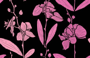 Orkide çiçekleri ve tasarım elementleriyle zarif, pürüzsüz bir desen. Davetiyeler, kartlar, baskı, hediye paketi, imalat, tekstil, kumaş, duvar kağıtları için çiçek deseni
