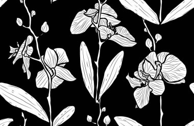 Orkide çiçekleri ve tasarım elementleriyle zarif, pürüzsüz bir desen. Davetiyeler, kartlar, baskı, hediye paketi, imalat, tekstil, kumaş, duvar kağıtları için çiçek deseni