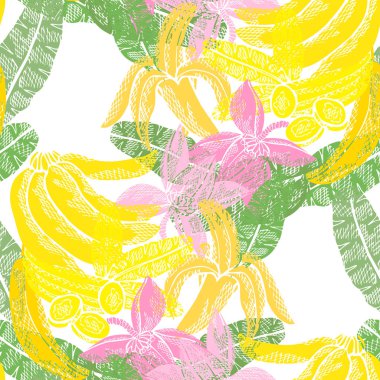 Muz meyveli, tasarım elementli zarif, pürüzsüz bir desen. Davetiyeler için meyve deseni, kartlar, baskı, hediye paketi, imalat, tekstil, kumaş, duvar kağıtları. Yemek, mutfak, vejetaryen teması