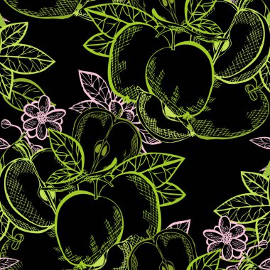 Elma meyveleri ve tasarım elementleriyle zarif, pürüzsüz bir desen. Davetiyeler için meyve deseni, kartlar, baskı, hediye paketi, imalat, tekstil, kumaş, duvar kağıtları. Yemek, mutfak, vejetaryen teması