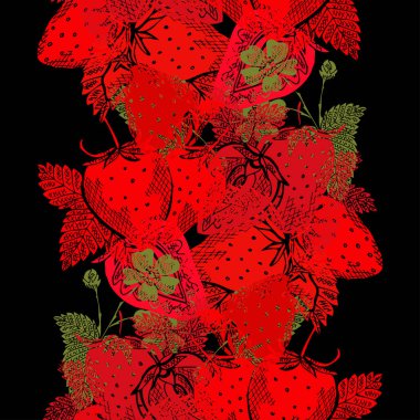 Çilek meyveli, tasarım elementli zarif ve pürüzsüz bir desen. Davetiyeler için meyve deseni, kartlar, baskı, hediye paketi, imalat, tekstil, kumaş, duvar kağıtları. Yemek, mutfak, vejetaryen teması