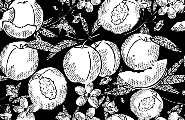 桃の果実 デザイン要素とエレガントなシームレスパターン 招待状 カード ギフトラップ 壁紙のための果物パターン キッチン ベジタリアンのテーマ — ストックベクタ