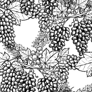 Üzümlü ve tasarım elementli zarif, pürüzsüz bir desen. Davetiyeler için meyve deseni, kartlar, baskı, hediye paketi, imalat, tekstil, kumaş, duvar kağıtları. Yemek, mutfak, vejetaryen teması