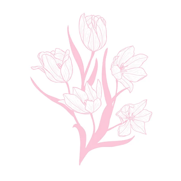 装饰郁金香花 设计元素 可用于贺卡 平面设计 线条艺术风格的花卉背景 — 图库矢量图片