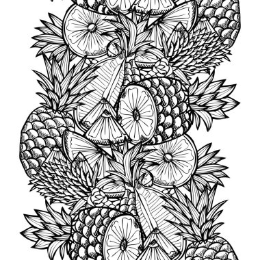 Ananas meyveli, tasarım elementli zarif, pürüzsüz bir desen. Davetiyeler için meyve deseni, kartlar, baskı, hediye paketi, imalat, tekstil, kumaş, duvar kağıtları. Yemek, mutfak, vejetaryen teması