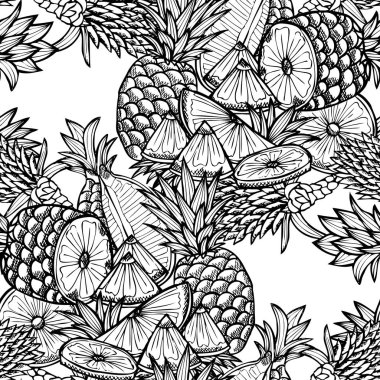 Ananas meyveli, tasarım elementli zarif, pürüzsüz bir desen. Davetiyeler için meyve deseni, kartlar, baskı, hediye paketi, imalat, tekstil, kumaş, duvar kağıtları. Yemek, mutfak, vejetaryen teması