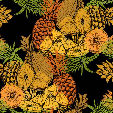 Ananas meyveli, tasarım elementli zarif, pürüzsüz bir desen. Davetiyeler için meyve deseni, kartlar, baskı, hediye paketi, imalat, tekstil, kumaş, duvar kağıtları. Yemek, mutfak, vejetaryen teması