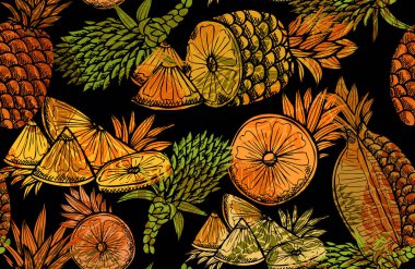 Ananas meyveli, tasarım elementli zarif, pürüzsüz bir desen. Davetiyeler için meyve deseni, kartlar, baskı, hediye paketi, imalat, tekstil, kumaş, duvar kağıtları. Yemek, mutfak, vejetaryen teması