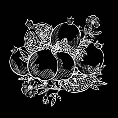 El yapımı dekoratif nar meyveleri, tasarım elementleri. Kart, davetiye, koleksiyon defteri, baskı ve imalat için kullanılabilir. Yemek, mutfak teması