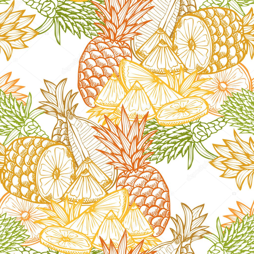 Elegant seamless pattern with pineapple fruits, design elements. Fruit  pattern for invitations, cards, print, gift wrap, manufacturing, textile, fabric, wallpapers. Food, kitchen, vegetarian theme