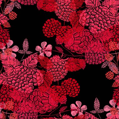 Ahududu meyveli, tasarım elementli zarif ve pürüzsüz bir desen. Davetiyeler için meyve deseni, kartlar, baskı, hediye paketi, imalat, tekstil, kumaş, duvar kağıtları. Yemek, mutfak, vejetaryen teması