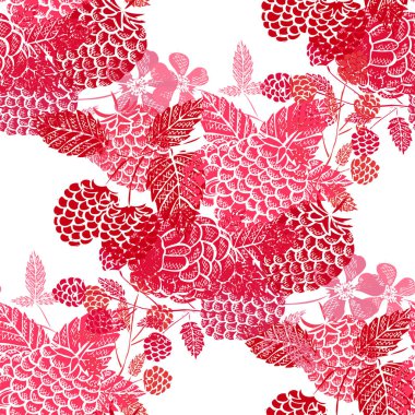 Ahududu meyveli, tasarım elementli zarif ve pürüzsüz bir desen. Davetiyeler için meyve deseni, kartlar, baskı, hediye paketi, imalat, tekstil, kumaş, duvar kağıtları. Yemek, mutfak, vejetaryen teması