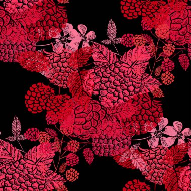 Ahududu meyveli, tasarım elementli zarif ve pürüzsüz bir desen. Davetiyeler için meyve deseni, kartlar, baskı, hediye paketi, imalat, tekstil, kumaş, duvar kağıtları. Yemek, mutfak, vejetaryen teması