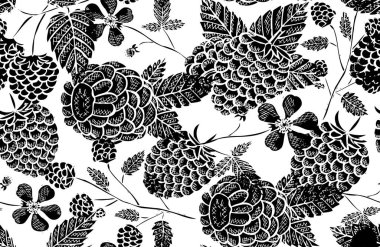 Ahududu meyveli, tasarım elementli zarif ve pürüzsüz bir desen. Davetiyeler için meyve deseni, kartlar, baskı, hediye paketi, imalat, tekstil, kumaş, duvar kağıtları. Yemek, mutfak, vejetaryen teması