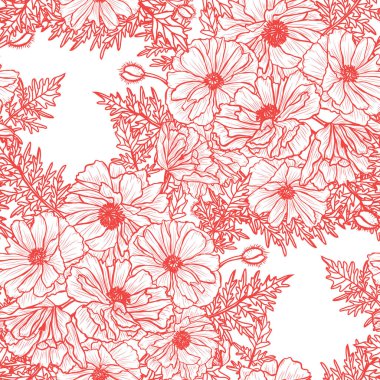 Haşhaş çiçekleri ve tasarım elementleriyle zarif, pürüzsüz bir desen. Davetiyeler, kartlar, baskı, hediye paketi, imalat, tekstil, kumaş, duvar kağıtları için çiçek deseni