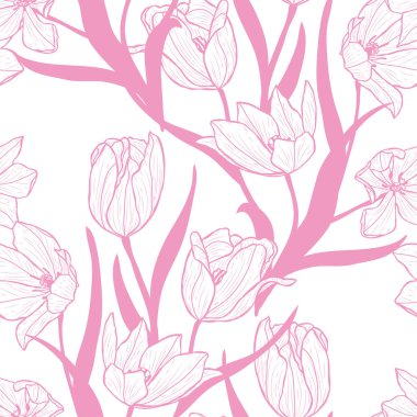 Lale çiçekleri ve tasarım elementleriyle zarif, pürüzsüz bir desen. Davetiyeler, kartlar, baskı, hediye paketi, imalat, tekstil, kumaş, duvar kağıtları için çiçek deseni