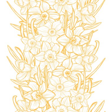 Nergis çiçekleri ve tasarım elementleriyle zarif, pürüzsüz bir desen. Davetiyeler, kartlar, baskı, hediye paketi, imalat, tekstil, kumaş, duvar kağıtları için çiçek deseni