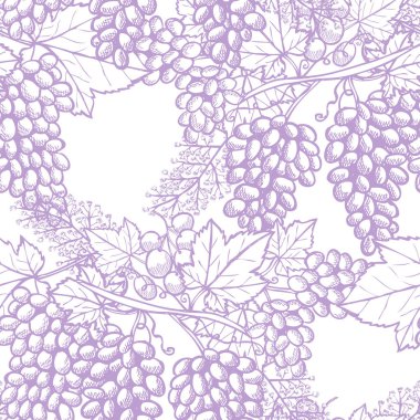 Üzümlü ve tasarım elementli zarif, pürüzsüz bir desen. Davetiyeler için meyve deseni, kartlar, baskı, hediye paketi, imalat, tekstil, kumaş, duvar kağıtları. Yemek, mutfak, vejetaryen teması