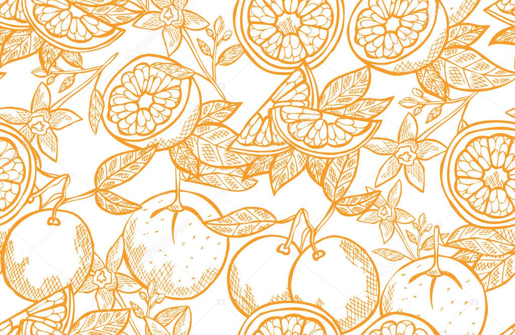 Elegant seamless pattern with orange fruits, design elements. Fruit  pattern for invitations, cards, print, gift wrap, manufacturing, textile, fabric, wallpapers. Food, kitchen, vegetarian theme
