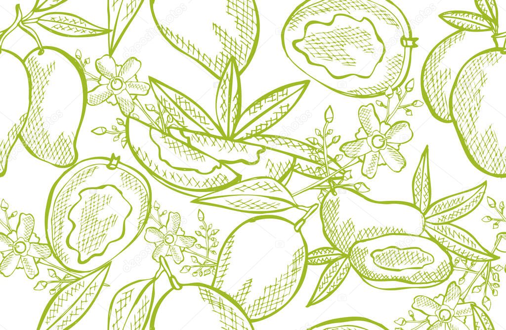 Elegant seamless pattern with mango fruits, design elements. Fruit  pattern for invitations, cards, print, gift wrap, manufacturing, textile, fabric, wallpapers. Food, kitchen, vegetarian theme