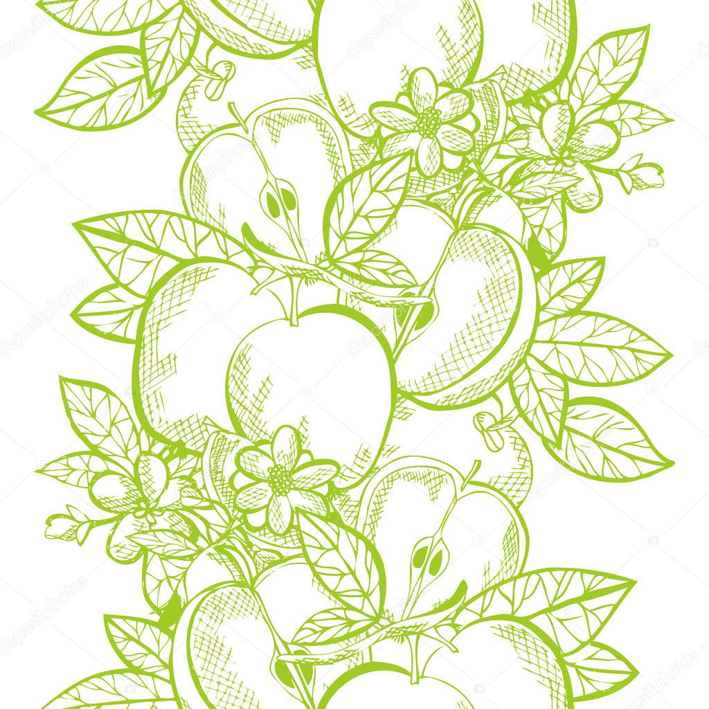 Elegant seamless pattern with apple fruits, design elements. Fruit  pattern for invitations, cards, print, gift wrap, manufacturing, textile, fabric, wallpapers. Food, kitchen, vegetarian theme