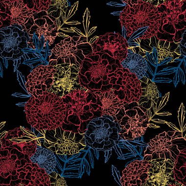 Kadife çiçekleri ve tasarım elementleriyle zarif, pürüzsüz bir desen. Davetiyeler, kartlar, baskı, hediye paketi, imalat, tekstil, kumaş, duvar kağıtları için çiçek deseni