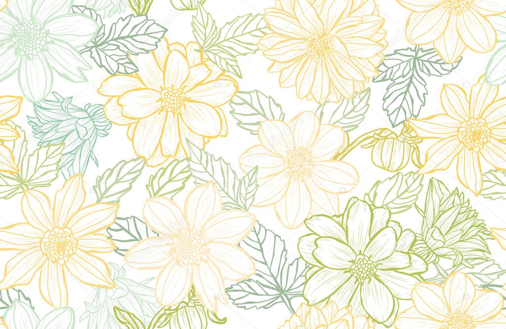 Elegant seamless pattern with dahlia flowers, design elements. Floral  pattern for invitations, cards, print, gift wrap, manufacturing, textile, fabric, wallpapers
