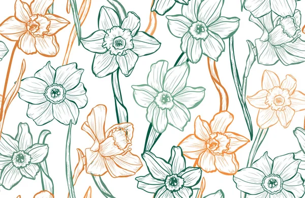 ダフォディルの花 デザイン要素とエレガントなシームレスなパターン 招待状 カード ギフトラップ ファブリック 壁紙のための花のパターン — ストックベクタ