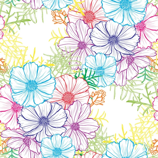 Κομψό Απρόσκοπτη Μοτίβο Λουλούδια Cosmos Σχεδιαστικά Στοιχεία Floral Μοτίβο Για — Διανυσματικό Αρχείο
