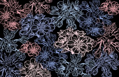 Sakura çiçekleri ve tasarım elementleriyle zarif, pürüzsüz bir desen. Davetiyeler, kartlar, baskı, hediye paketi, imalat, tekstil, kumaş, duvar kağıtları için çiçek deseni