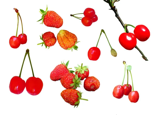 Dulce Maduro Sabrosas Fresas Cerezas Conjunto Aislado Sobre Fondo Blanco —  Fotos de Stock