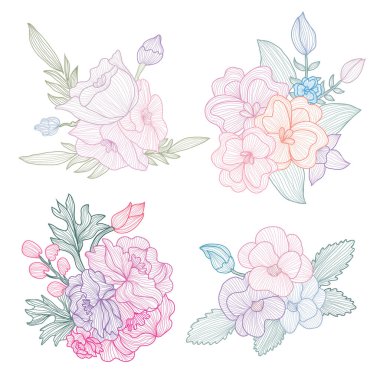 Dekoratif soyut çiçekler seti, tasarım elementleri. Kartlar, davetiyeler, afişler, posterler, baskı tasarımı için kullanılabilir. Sanat tarzında çiçek arkaplanı