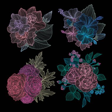 Dekoratif soyut çiçekler seti, tasarım elementleri. Kartlar, davetiyeler, afişler, posterler, baskı tasarımı için kullanılabilir. Sanat tarzında çiçek arkaplanı