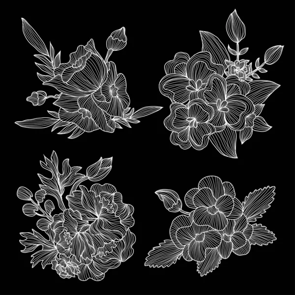 装飾抽象的な花セット デザイン要素 カード 招待状 バナー ポスター 印刷デザインに使用できます ラインアートスタイルの花の背景 — ストックベクタ