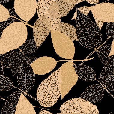 Dekoratif yaprakları ve tasarım unsurları olan zarif, pürüzsüz bir desen. Davetiyeler, kartlar, baskı, hediye paketi, imalat, tekstil, kumaş, duvar kağıtları için çiçek deseni